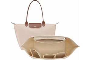 ZNDFTW Bag Insert Organizer for Longchamp, Beige Purse Insert Organizer with Zipper, Multi Pocket Felt Handbag Wallet Organizers, Folding Tote Bag Organize (M)