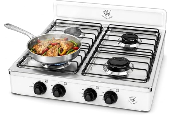 Royal Swiss® Gasspis med 4 brännare - 2,2 kW gjutna aluminiumbrännare - 100 % LPG - Bärbar gasspis för camping - Robust metallhölje, säker tändning, spis