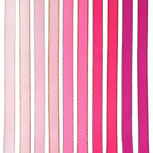 LaRibbons 10mm Breitem Gold/Silbernem Rand Doppelseitigem Satin-Band, 4.5m x 10 Farben ( Rosa Style ) - 3