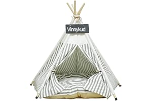 Vinnykud Pets Teepee Dogs Tent Stripes Removable and Washable Cats Tents Dog/Cat Bed Play House With Cushion (Gray, M:50x50x60cm)