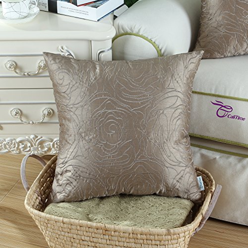 calitime Kissen Shell Kissenbezug Kunstseide Rosen Blumenmuster bestickt verschiedenen Farben 45 x 45 cm, Polyester-Mischgewebe, taupe, 45,7 x 45,7 cm - 2