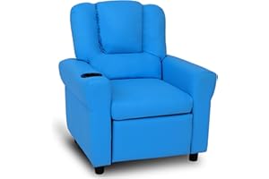 Mxfurhawa Children's Sofa, Single Kids Recliner Chair PU Leather Play Toddler Sofa Bed with 1 cup holder, Reclining Seat Furniture for Boy/Girl, Gift in Birthday, for Living Room, Bedroom (Blue)