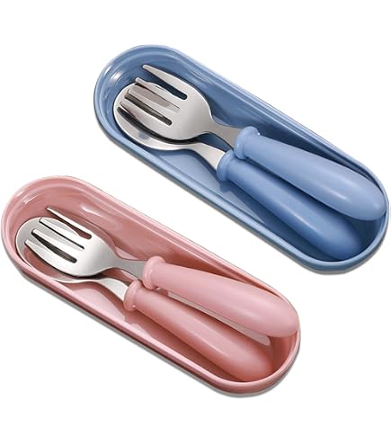 Ensemble Fourchette Et Cuillère Bébé - Acier Inox 304, Boîte Rangement - Poignée Ergonomique Chat Gris Clair - Apprentissage Autonome - 7