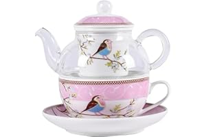 YBKTEX YBK Tech Glass Teapot with a Porcelain Infuser Strainer, Happy Bird Pattern Cup and Saucer Set, Teapot and Teacup for One (Pink)