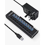 Powered USB 3.0 Hub RSHTECH 10 Port Aluminum USB 3.0 Data Hub Splitter with Individual On/Off Switches and 12V/3A Power Adapt