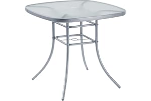 BESPOKE GARDEN Garden Furniture Patio Table Outdoor 80 x 80cm Silver Steel with Umbrella Stand Hole On Top