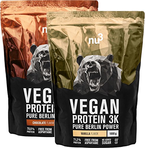nu3 Vegan Protein 3K Shake | 1 Kg Vanilla + 1 Kg Chocolate Blend | veganes Proteinpulver aus 3-Komponenten-Protein mit über 70% Eiweiß | Pulver mit leckererm Schokoladen & Vanille Geschmack | Laktosefrei