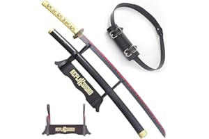 REPLIKSWORD Demon Slayer Katana Yoriichi en Bois Lame Decoration Sabre Yorichi Epee Kimetsu No Yaiba Tsugikuni Cosplay + Presentoir Inclus + Ceinturon