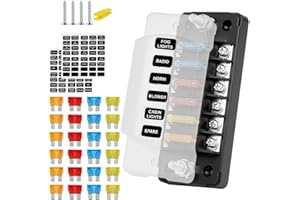 Flintronic Caja Fusibles 6 Vias, Porta Fusibles Coche con Lámpara de Alerta LED, Porta Fusible-s Plano ATC/ATO, Porta Fusibl-es Coche con 24 Fusibl-es y Pegatinas, para Coch-e, Barco, Furgoneta, SUV