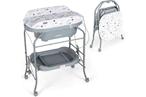 COSTWAY Table à Langer 2 en 1 avec Baignoire 20L Plateau de Rangement, Commode à Langer Pliable Couches Étanches Roue Universelle à Frein Baignoire Charge 35KG, pour Bébé 0-12 Mois (Gris)