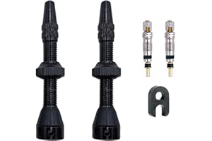 IBRIQO® Kit 2 Válvulas 40mm Presta Tubeless Bicicleta MTB - Carretera | 2 Válvulas + 2 Obuses + 1 Llave Desmontar Obús | Válvula Aire - Negro - Aluminio | Sin Fugas de Aire - Comptabile Mousse