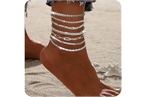 GGUFAY 7 Pezzi Cavigliera Impermeabile a Strati per Donna Regolabile, Cavigliere da Spiaggia Argento per Donna, Spiaggia Piede Gioielli Cavigliera, Regalo di Gioielli