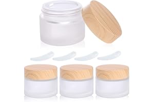 ODOOKON 4 Pièces 50g / 50ml Contenant Cosmétique Vide verre Transparente Petite Pots avec Mini Spatule pour Crème/Échantillons/Poudre/Lotion, Bidon Vide Givré Petit Pot de Voyage Rond en Verre
