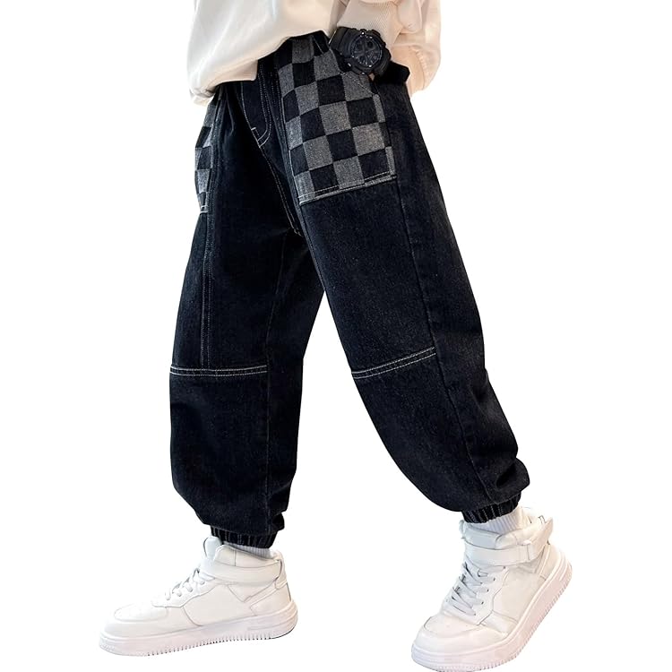 Rolanko Jongens Ripped Elastische Taille Jeans, Taps Been Ontwerp Retro Denim Broek met Zakken voor Kid Fit, Klein gat, 13-15 Jaar