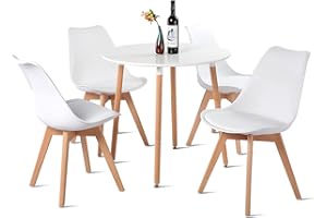 ‎FURNITABLE FURNITABLE Set aus Runder Esszimmertisch mit 4 Weißer Stühlen | Essgruppe 5-teilig | Esszimmergruppe für Esszimmer Küche Wohnzimmer | Weißer Esstisch