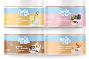 BODYWISH Aromapulver ohne Zucker | Chunky Mixed Edition | Pulver Ohne Kalorien | Natürlicher Geschmack - Zuckerersatz Ohne Zucker | Vanille - Wildberry - Nougat - Salted Caramel | 4 x 150gr - kurzes MHD
