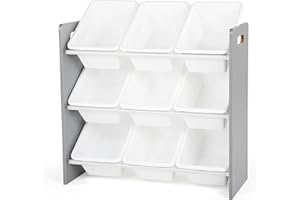 Humble Crew Inspire Wooden Toy Storage Organiser for Children, with 9 BPA Free Plastic Removeable Storage Bins, Ideal for Storing Toys, Games, Books and Craft Supplies - Grey/White