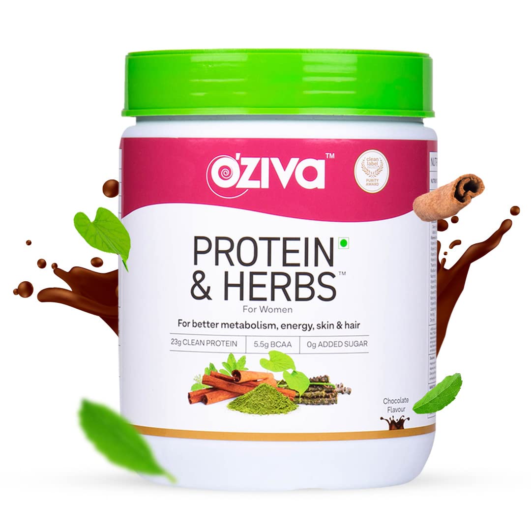 OZiva Protein & Herbs for Women (Chocolate) to Reduce Body Fat, Manage Weight & Metabolism | Protein Powder for Women with 23