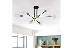 MRHYSWD Black and Gold Sputnik Ceiling Light, 6 Lights Modern Sputnik Chandeliers Ceiling Lights Living Room, Vintage Ceiling Lamp Industrial Ceiling Lights for Bedroom Kitchen Hallway Lounge