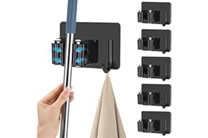 Zhufas Porta Scope Parete 5 Pezzi Portascope da Muro in Acciaio Inossidabile Portascope da Muro Adesivo Appendibile Adattocon Gancio per Cucina, Giardino, Bagno, Garage, Balcone, Ufficio, Grigio(Nero)