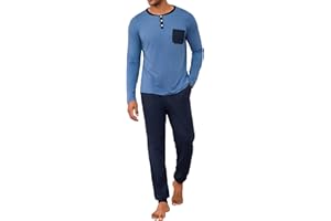 Uniexcosm Pijama de Hombre Largo Invierno Algodon Conjunto de Pijamas 2 Piezas Manga Larga Cuello Redondo Top con Botones y Pantalones Largos
