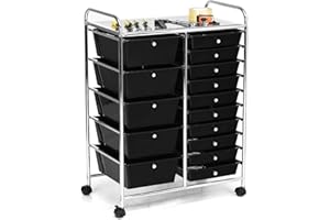 GiantexUK 15 Drawers Rolling Trolley, Utility Storage Organizer Cart with Wheels, Home Office Hairdressing Salon Shelving Organizer Unit (Black)