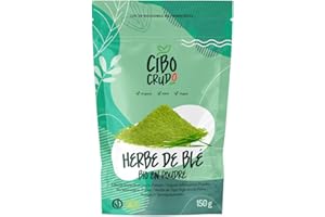 CIBO CRUDO CRUDO BIOLOGICO VEGAN Herbe de Blé Bio en Poudre - 150g. Source de Chlorophylle Vitamine A C et E. Contient Antioxydants. Pour Jus et Smoothies. Action Purifiante. Wheatgrass Powder Organic.