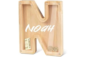 Wooden Letter Piggy Bank,Ompinda Personalized Wood Alphabet Letter Bank Money Box(Custom Name) Unbreakable Transparent Coin Piggy Bank Birthday Gift for Kids (N)