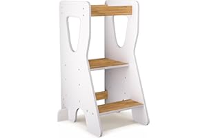 COSYLAND Tour d Observation Montessori Réglable en Hauteur pour Enfants de 18 Mois à 6 Ans, Chaise d Apprentissage en Bois Sécurisée, Design en Forme de R Stable et Moderne, Blanc/Naturel