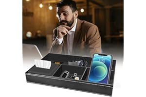 BUENTYA Plateau de valet de table de chevet à 4 compartiments en cuir synthétique noir pour homme pour ranger clés, bijoux, portefeuilles, pièces de monnaie, cosmétiques