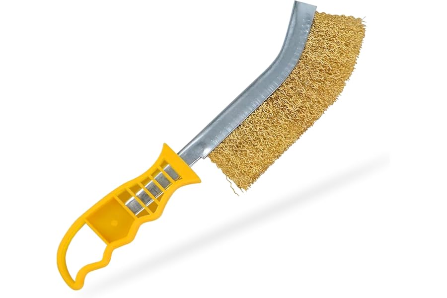 G4GADGET Brass Wire Brush with Yellow Handle - General Purpose Crimped Long Handled Wire Brush for Rust Removal and Surface Preparation