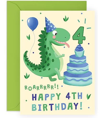 Old English Co. Geburtstagskarte Zum 4. Geburtstag – Lustiger Dino-Design Für Jungen & Mädchen | Blanko Innen, Nachhaltig