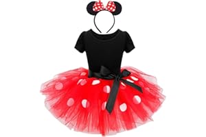 Lito Angels Minnie Fancy Dress Up Costume with Mouse Ears Bowknot Hair Hoop for Kids Girls, Halloween Birthday Party Mini Polka Dot Tulle Skirt, Hot Pink/Pink/Red