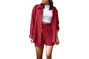 JIABING Musselin Bluse Damen Hemd und Shorts Zweiteiler Einfrabige Sommer Lounge Set Strand Outfit Suit Elegant Aesthetic 2 Teiler Clothes Kleidung Kurz Hosenanzug Casual Two Piece Sommerbluse 2024