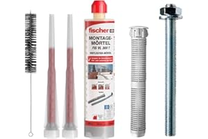 BEFESTIGUNGSTECHNIK GRAMSCH Fischer Schwerlastbefestigungs Set 4 Stück M12x210 FIS Ankerstange verzinkt + 4 Stück Siebhülse + 1 Stück Montagemörtel mit Statikmischer + BTG Bürste