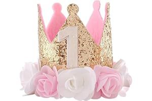 Gurfzcyuoo Baby Girls 1st Birthday Hat, Baby Tiara Crown for 1st Birthday Party, Sparkle Gold Flower Design 1st Birthday Girl Decorations for 1st Birthday Decorations - Glitter Style with Rose Flower
