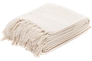 ‎HOMLA HOMLA Vaffel Bawełniany pled z frędzlami – miękki koc na kanapę i łóżko – subtelna dzianina bawełniana – 130 x 170 cm – naturalny kolor