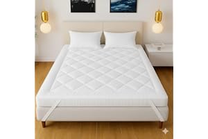 Linens World Mattress Topper Double Bed 10cm Thick | Quilted, Super Soft Microfiber Topper | 1200GSM Fiber Fill Anti Allergy, Washable Topper Fits with Elastic Straps For Extra Comfort (137X190CM)