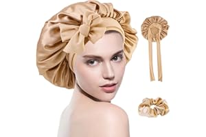 MEMOFYND 1 gorro de dormir con banda y 1 pieza de goma de pelo de ala ancha, gorro de dormir elástico de satén, gorro de seda artificial, gorro de peluquero ajustable (oro champán)