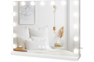 Dripex Espejo Maquillaje con Luz Grande, 58 x 45 cm, 15 Bombillas LED, Dimmables 3 Colores de Luz, con Espejo de Aumento 10X, Puerto C y B para Cargar