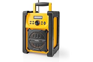 Nedis Job Site FM Radio with Bluetooth, IPX5 Water Resistant Portable Heavy Duty Speaker with AUX In, 20 Presets & Carry Handle, Battery or Mains Powered - Yellow