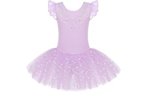 Bricnat Fille Robe de Ballet Justaucorps Danse Classique Tutu Fille à Manches Courtes et Manches Longues Robe de Danse Coton avec Jupe Tulle à Paillettes 3-11 Ans