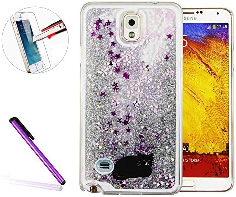 Note 4 Case,Galaxy Note 4 Case Cover,Hard Case for Galaxy Galaxy Note 4,NEWSTARS [Creative Design] [Flowing Liquid] Glitter Flowing Liquid Floating Moving Clear Hard Protective Case Cover for Samsung Galaxy Note 4 [+ 1Pcs Stylus Touch Pen+ 1Pcs Screen Protector].Silver Liquid-Black Cat