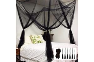 HANYUN Moskitonetz für Bed Canopy, 4 Eckpfostenvorhänge Bed Canopy Elegantes Moskitonetz-Set, Stockhaken & Berufsseil für Netz, Screen Netting Canopy-Vorhänge, Full/Queen/King (Schwarz)