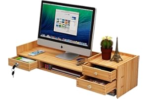 MOTT 50 Support de moniteur à 2 niveaux avec étagère de rangement et tiroir verrouillable, rehausseur de moniteur d'ordinateur, étagère de bureau en bois