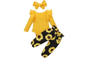 Geagodelia Completini da Neonata Set di Vestiti per Bambina Carina Pagliaccetto con Stampa a Maniche Lunga + Pantaloni con Stampa Floreale + Fascia Antunno e Inverno