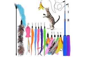Oziral Interaktives Katzenspielzeug 15 Stück, Federn Katzenspielzeug Katzenangel Stabil, Katzenspielzeug Set mit 2 STK Versenkbare Interaktive Katzen Rods und 13 STK Feder/Bug/Fisch Ersatz
