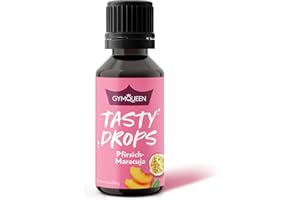 GymQueen Tasty Drops 30ml, gouttes savoureuses zéro calorie, zéro sucre et zéro matière grasse, gouttes aromatiques pour sucrer les aliments, sans colorant artificiel, Pêche-Maracuja