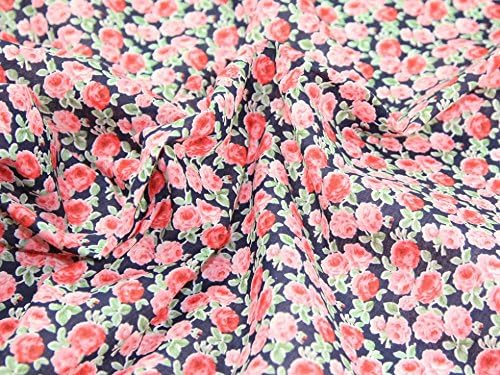 45" wide Polycotton Dress Fabric Navy/Pink Floral Print - per metre