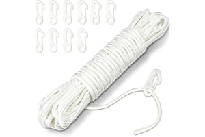Adiwo 15M Flag Pole Rope with 10 PCS Flag Pole Clips, 6MM Thick Nylon Flag Rope, White Flag Line, Flag Pole Halyard Rope Kit for Outdoor, Swing, Garden, Camping(White)